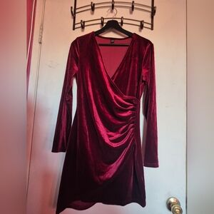 SHEIN Velvet Long Sleeve Dress in Deep Red